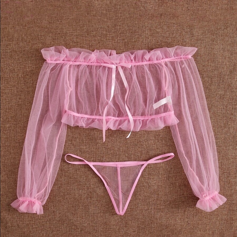 Pink Ruffle Trim Bardot Mesh Lingerie Top